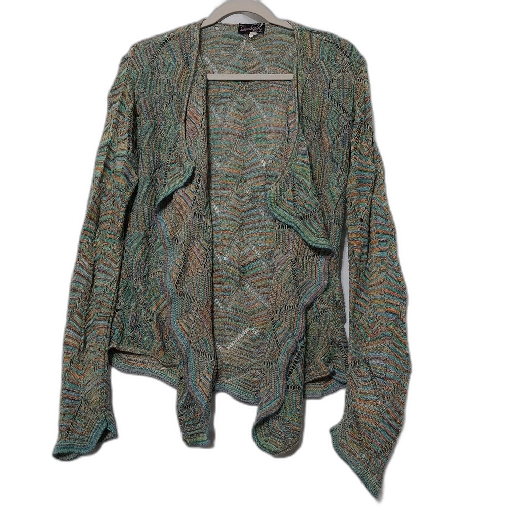 Questions by Say What cardigan Womens M multicolor open knit waterfall Coastal